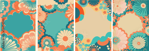 A set of backgrounds for text, psychedelic hippie art, a frame of stylized flowers.