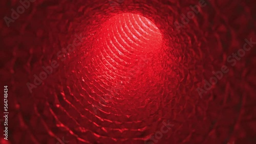 Moving red mysterious circular tunnel illuminated by bright light. Abstract science fiction conceptual background
