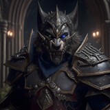 Production still from World of warcraft Hyperrealistic Portrait of Worgen mixed with wolf dark fantasy character shining eyesconfident eyes Deep gaze sardonic look cinematic lighting confident look 