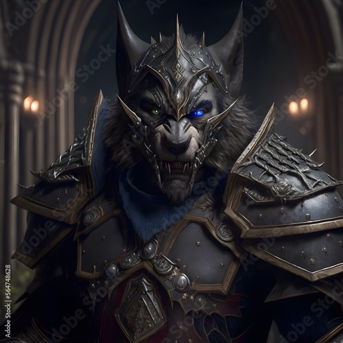 Production still from World of warcraft Hyperrealistic Portrait of Worgen mixed with wolf dark fantasy character shining eyesconfident eyes Deep gaze sardonic look cinematic lighting confident look  photo