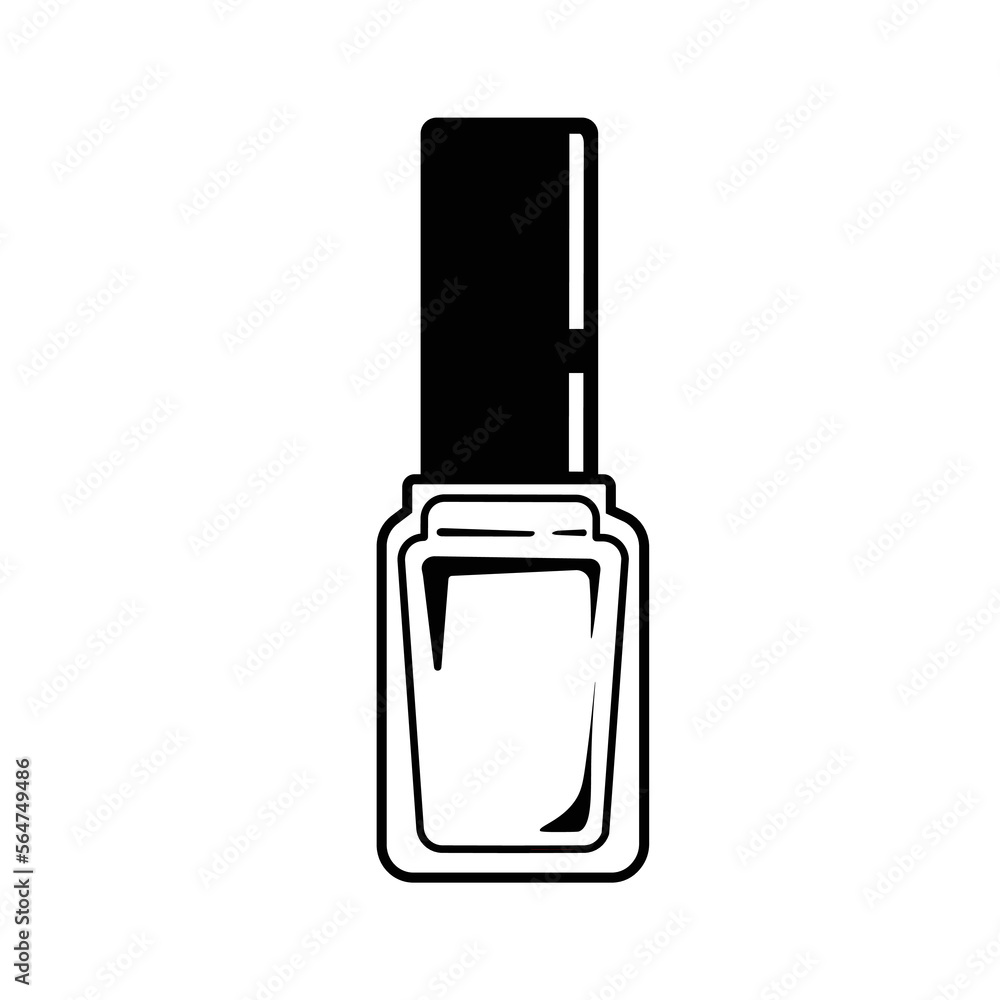 Outline Silhouette Style Nail polish thin line icon. Brush with cap and glass bottle. Blank template of container with purple varnish for manicure. Outline vector illustration isolated on white.
