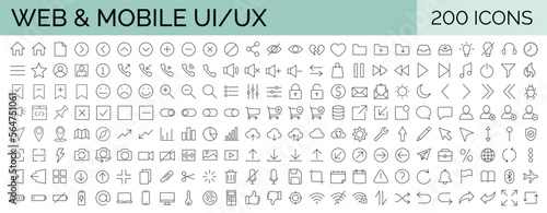 Big collection of minimalist and simple  UxUi web icons. Set of 200 editable stroke icons. Vector illustrator. Suitable for Web Page, Mobile App, Web, Print.
