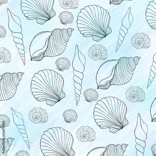 Hand drawn illustrations - seamless pattern of seashells on watercolor background. Marine background. Perfect for invitations, greeting cards, posters, prints, banners, flyers etc