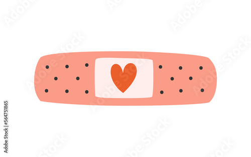 Hand drawn cute illustration of adhesive plaster with heart. Flat vector transfusion and blood donation concept in colored doodle style. Donor, medicine icon or print. Isolated on white background.