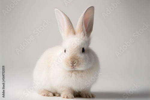 Coniglio bianco con lunghe orecchie e chiazze color miele su sfondo bianco generato dall'AI photo