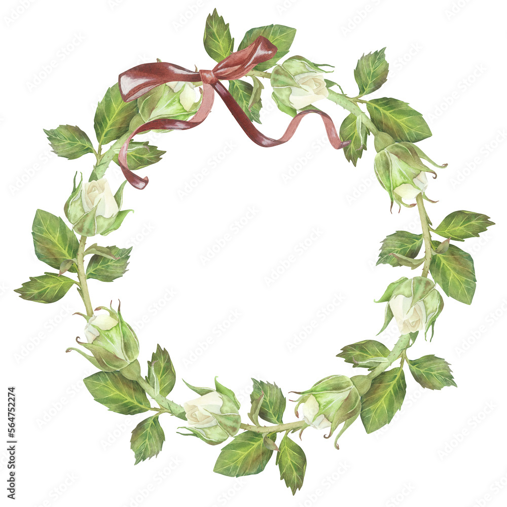 Watercolor illustration. Round wreath of white roses buds with leaves and a red bow on top.Place for inscription or text.Isolated on a white background.For design of greeting card, wedding invitation
