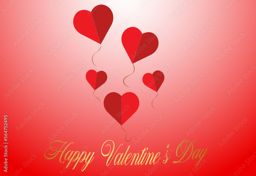 Grußkarte mit Herzen an Ballonschnüren auf rotem Hintergrund mit goldenem Schriftzug Happy Valentine's Day. 
