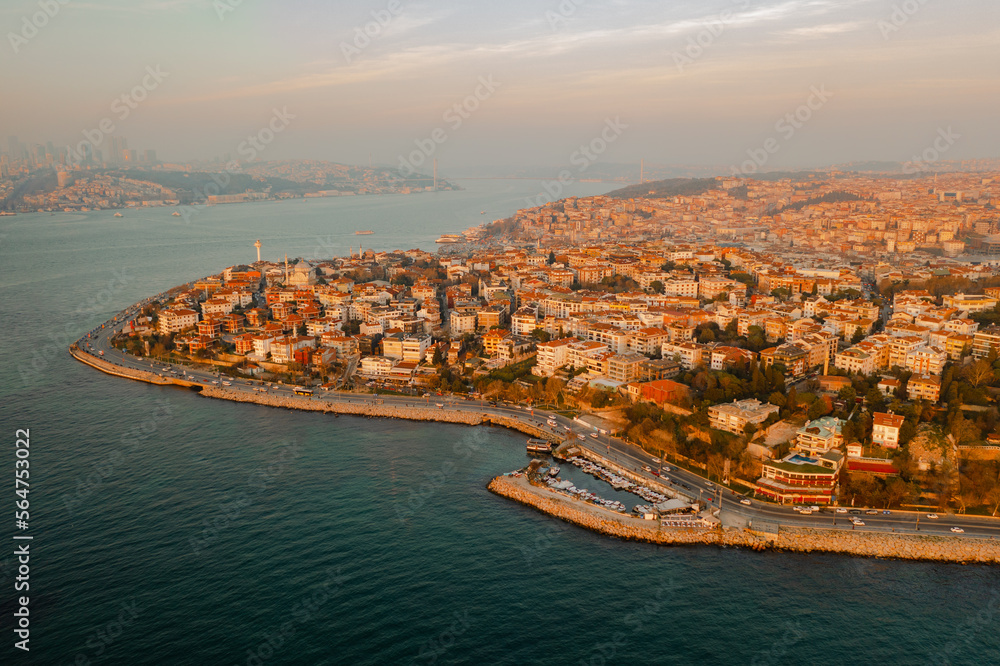Aerial Drone View of Istanbul Uskudar Seaside. Bosphorus Bridge in Istanbul at sunset.