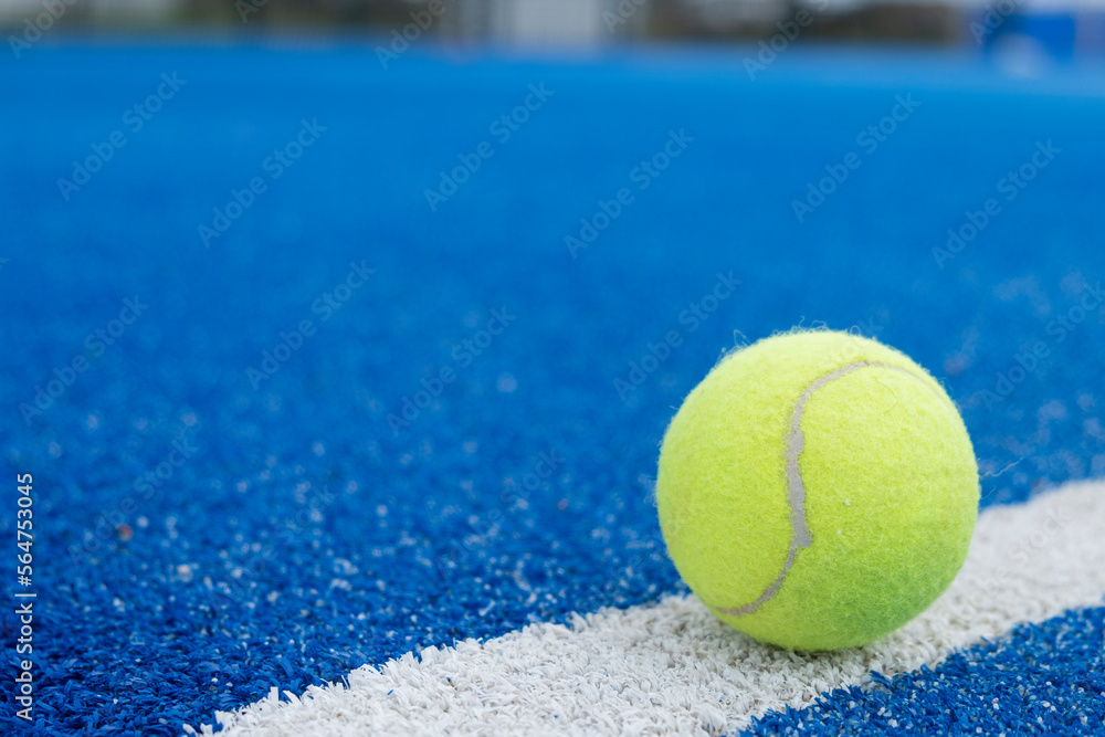 selective focus, close-up view of a ball on the line of a paddle tennis court