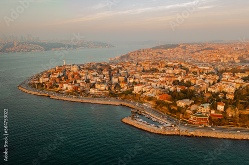 Aerial Drone View of Istanbul Uskudar Seaside. Bosphorus Bridge in Istanbul at sunset.