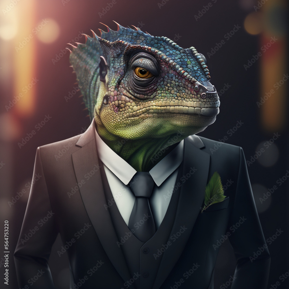 portrait of a chameleon wearing a suit, generative AI