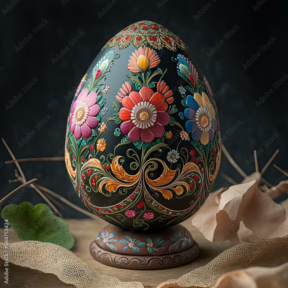 Ornamented Easter egg on a stand, intricate decorated pisanki egg in the grass, folk style painted egg, generative ai Ornamented Easter egg on a stand, intricate decorated pisanki egg in the grass, folk style painted egg, generative ai