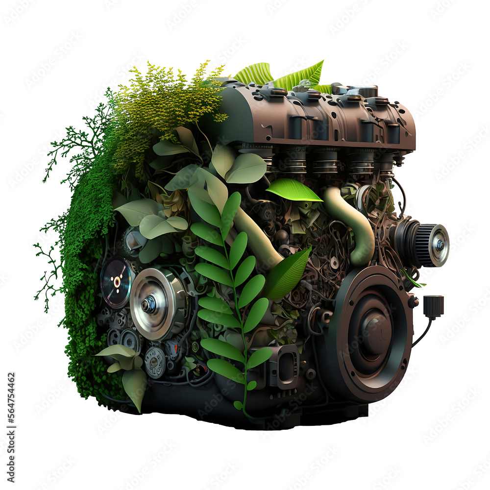 Retro broken car engine overgrown with leaves. Illustration of ecology