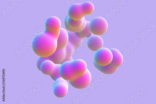 3D abstract liquid bubbles on purple background. Concept of future science: floating morphing spheres, molecular elements or nanoparticles. Fluid pink shapes in motion EPS 10, vector illustration.