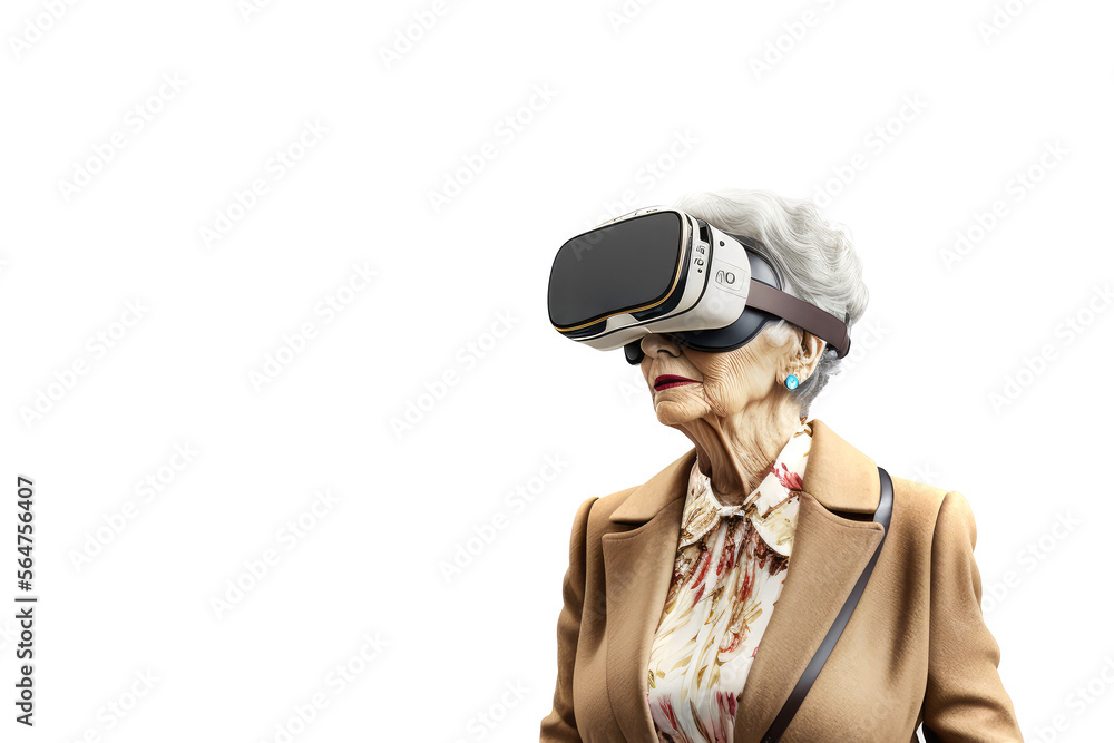 Another reality is here! Old Businesswoman in VR headset. Virtual reality simulator. Technological advancement in business. Generative AI