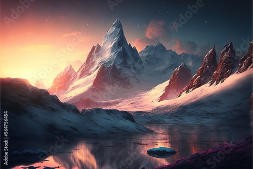 Amazing big mountains with snowy peaks and beautiful sunset, high quality wallpaper, landscape, tourism, sunset, painting, poster, decor, style, art, background, sky. AI © Svitlana