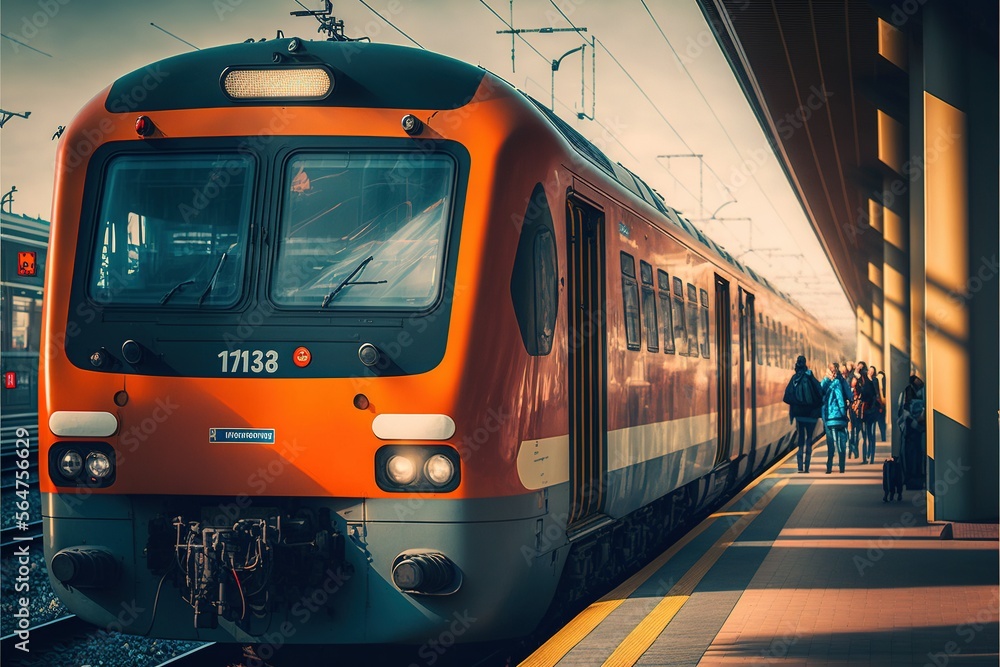 Fototapeta premium Modern public transport is waiting for passengers at the stopping point, sophistication, modernity and comfort are emphasized by modern design, technology development, colorfulness, and passengers. AI