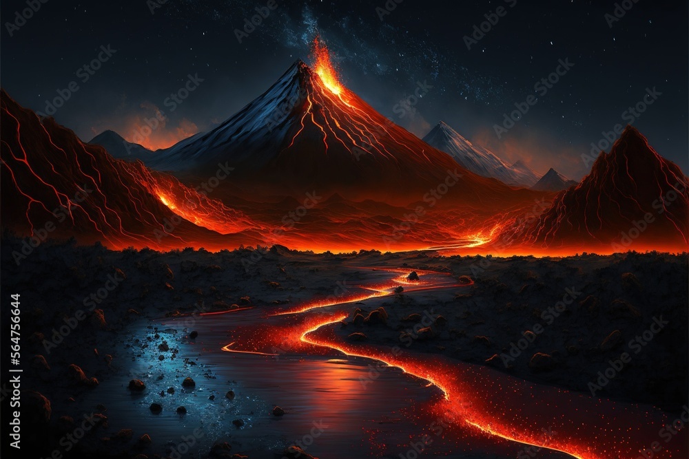 Image Night fire mountain and the wit of the volcanic landscape, high resolution, magma river, painting, wallpaper, bright red hot magma flowing down to the very foot of the volcano. AI