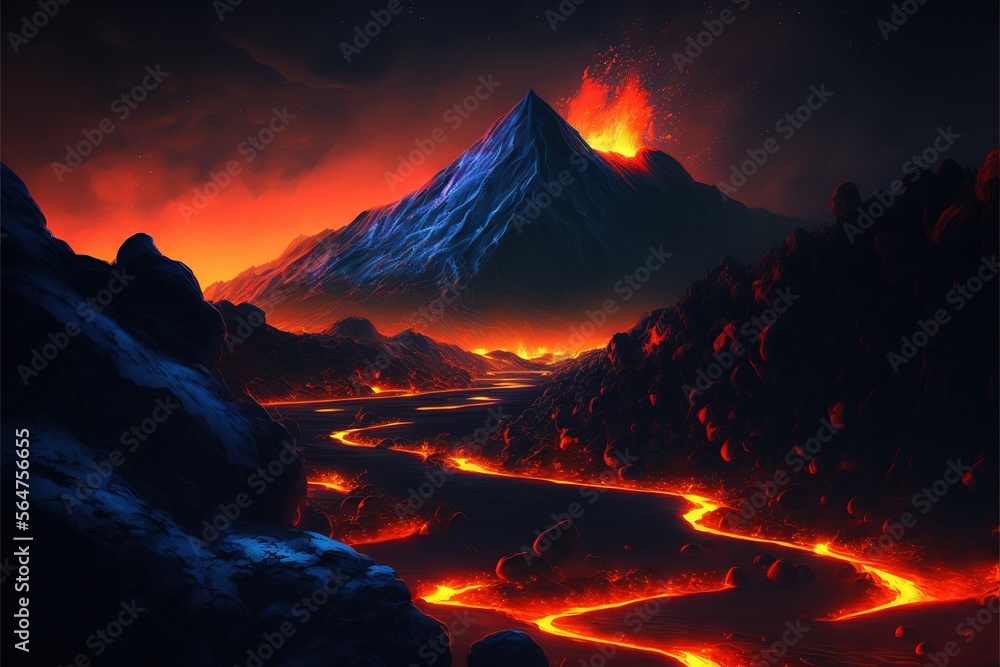Image Night fire mountain and the wit of the volcanic landscape, high resolution, magma river, painting, wallpaper, thick clouds of smoke, a splash of hot magma, multi-kilometer lava rivers. AI