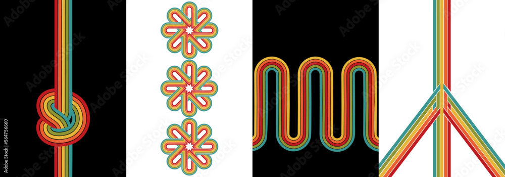 Retro background set with rounded stripes design element in rainbow ...