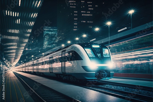 High-speed train at the station and a blurred city in the background, high resolution, high-quality image, travel in a short period of time, fast travel, be on time, technology, progress. AI photo