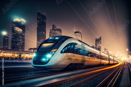 Fototapet High-speed train at the station and a blurred city in the background, high resolution, high-quality image, travel, lighting, colorfulness, fast travel, be on time, technology, progress