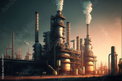 High quality image Industrial complex and oil refinery with smoke, balance of warm cold shades, ecology problems, infrastructure, jobs, energy, construction, business,resources, illustration. AI photo