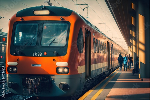 Modern public transport is waiting for passengers at the stopping point, sophistication, modernity and comfort are emphasized by modern design, technology development, colorfulness, and passengers. AI