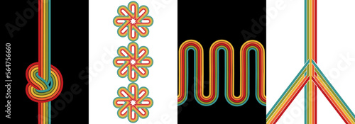 Retro background set with rounded stripes design element in rainbow color. 70s simple lines wave and geometric shape poster with flowers, freedom, chain, knot symbol. Sketch vector illustration