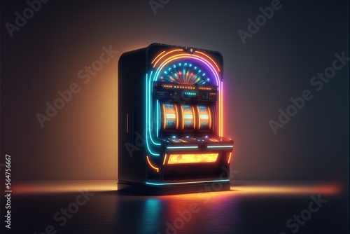 Picture One neon shining casino slot machine in an empty place in high resolution, excellent quality, entertainment, risk, passion, turnover of huge sums of money, abstraction, business. AI photo