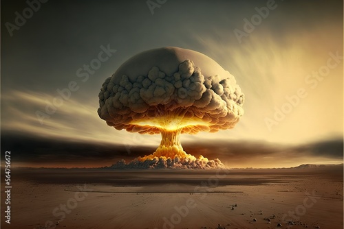 Fotografia, Obraz Illustration Powerful mushroom-shaped explosion in high resolution, dominance of warm colors, danger, breathtaking, abstraction, chemistry, doomsday, fire, ecology, scorched earth