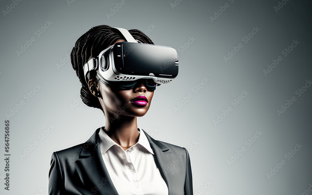 Another reality is here! Businesswoman in VR headset. Virtual reality simulator. Technological advancement in business. Generative AI Another reality is here! Businesswoman in VR headset. Virtual reality simulator. Technological advancement in business. Generative AI