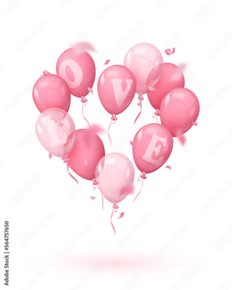 Heart of realistic pink balloons, ribbons and serpentine, confetti with letters LOVE. Vector illustration for Valentine's Day, card, party, design, flyer, poster, decor, banner, web, advertising. 