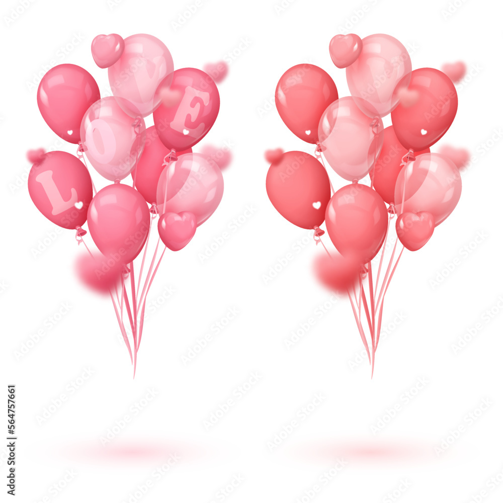 Set of bouquets, bunch of red and pink balloons, hearts and ribbons. Vector illustration for Valentine's Day, card, party, design, flyer, poster, decor, banner, web, advertising. 