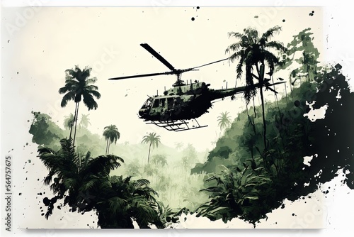 War helicopter flying over the vietnam jungle. Generative AI photo