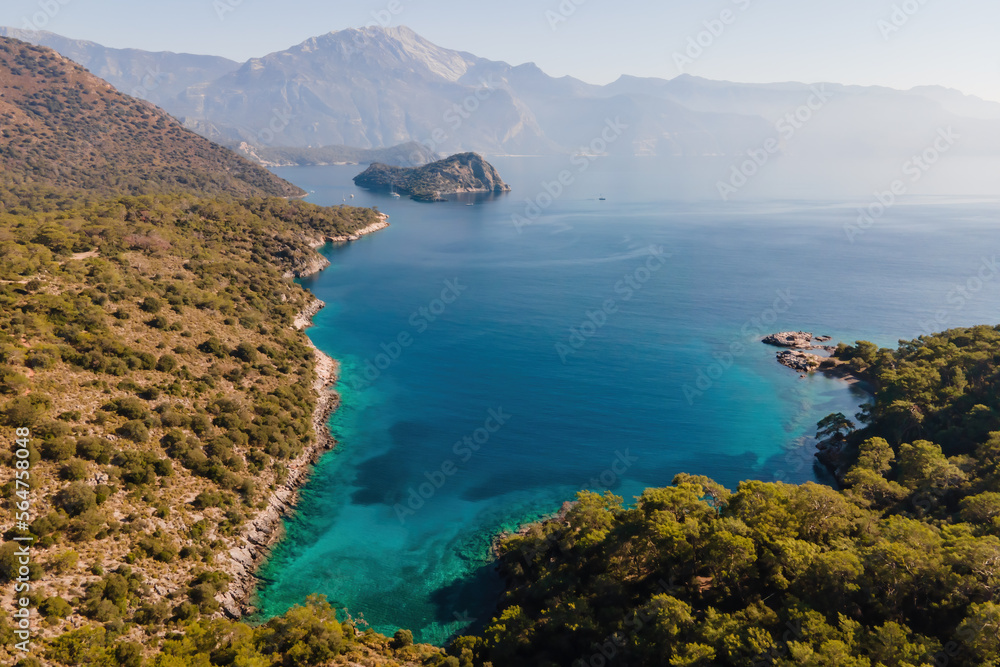 Aerial view of azure water in Aegean sea in bay near Oludeniz, Turkey