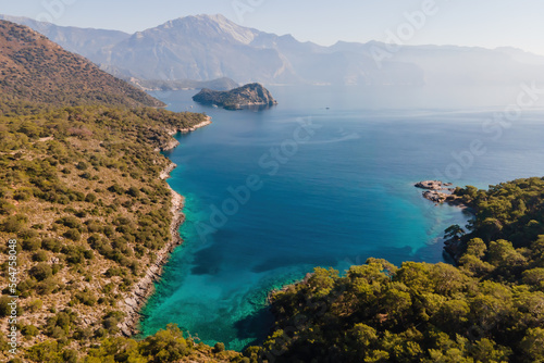 Aerial view of azure water in Aegean sea in bay near Oludeniz, Turkey