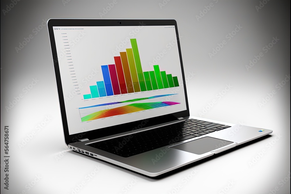 Chart illustration on laptop screen, white background. Generative AI