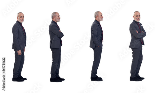 side view of various poses of same man on wnite background