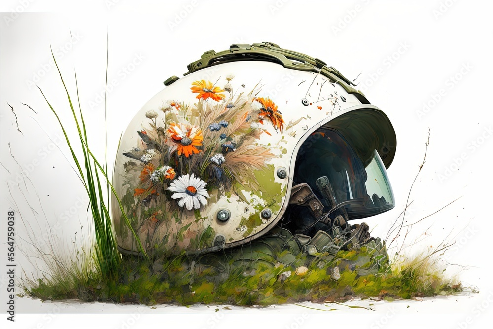 Naklejka premium Deteriorated war pilot helmet painting with grass and flowers, digital illustration, white background. Generative AI