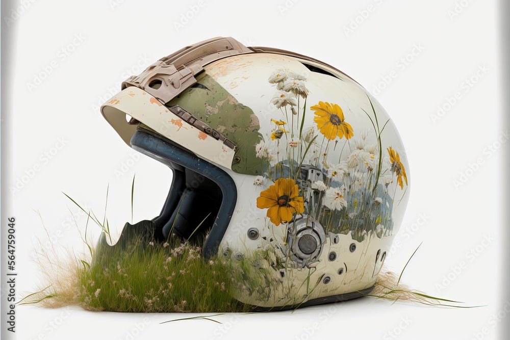 Obraz premium Deteriorated war pilot helmet painting with grass and flowers, digital illustration, white background. Generative AI