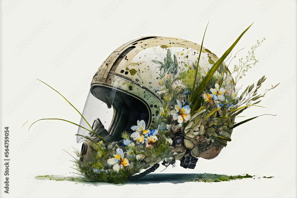 Naklejka premium Deteriorated war pilot helmet painting with grass and flowers, digital illustration, white background. Generative AI