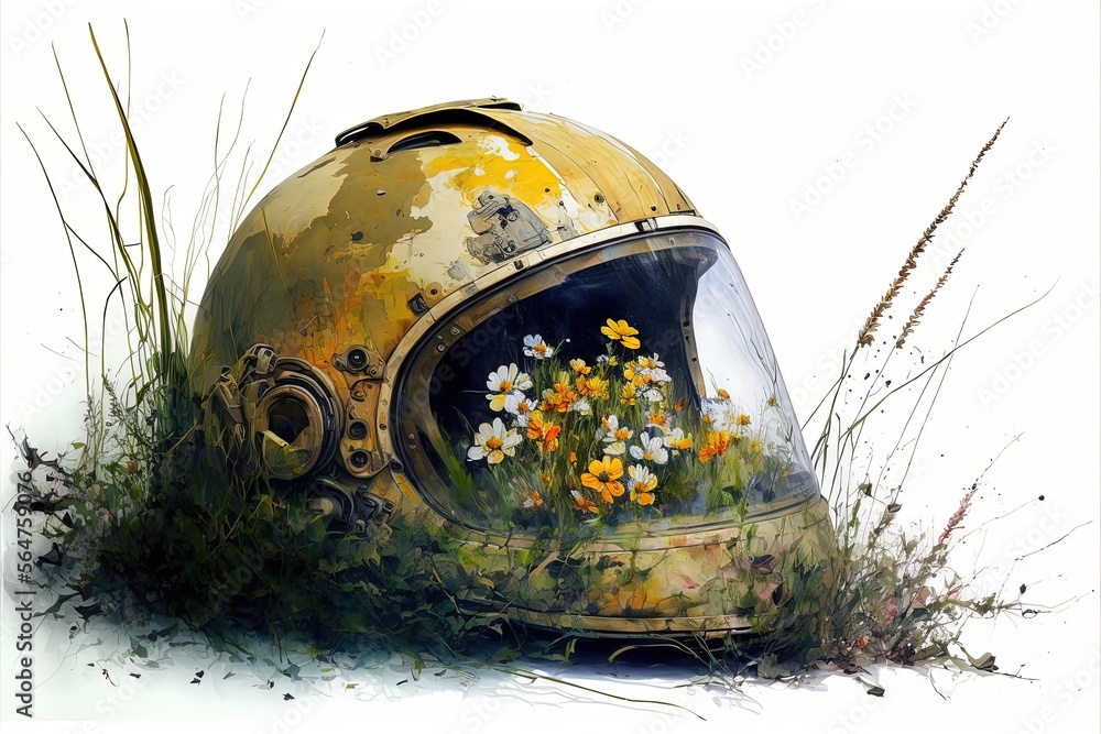 Fototapeta premium Deteriorated war pilot helmet painting with grass and flowers, digital illustration, white background. Generative AI