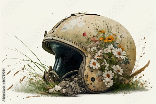 Painting of deteriorated war helmet with grass and flowers, digital illustration, white background. Generative AI
