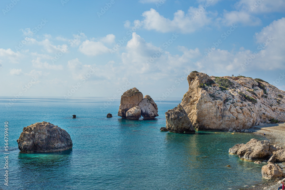 Seaside coastal landscape with turquoise water and rocky cliffs 