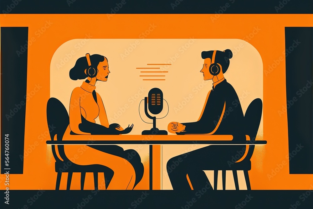 Fototapeta premium Minimalist illustration of two people on a podcast and table with microphone. Generative AI