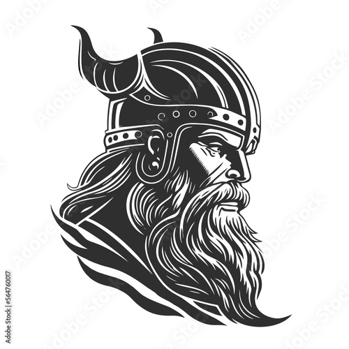 Viking's face in a helmet with horns. Scandinavian warrior black and white logo design. Vector illustration