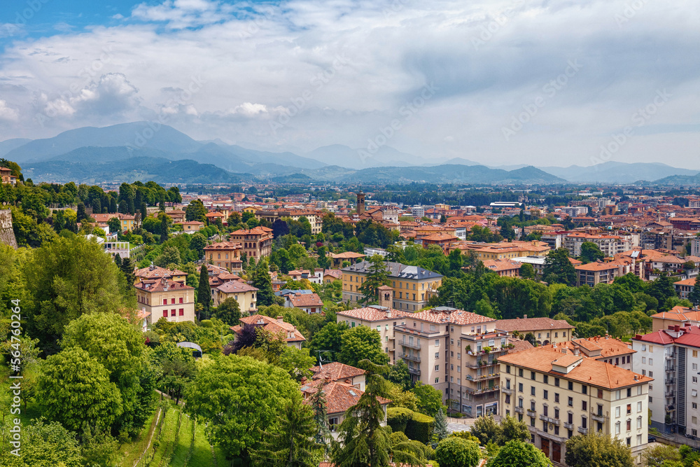 Aerial view of the old town Bergamo in northern Italy. Bergamo is a city in the alpine Lombardy region.