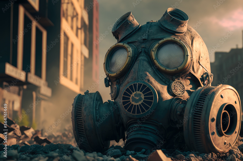 Gas mask on the ground. postapocalyptic concept. AI generated Stock Illustration Adobe Stock
