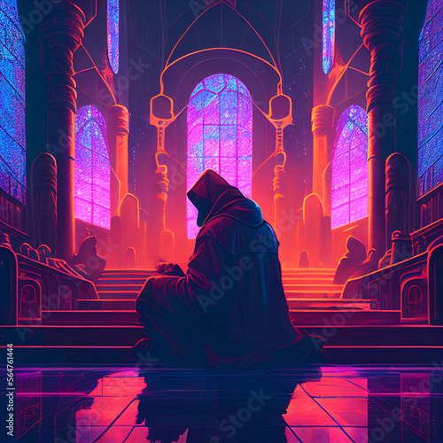 Monk to pray in church. Vintage-style image, purple tone..